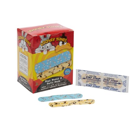 Bandages Adhesive Strip Looney Tunes™ Stat Strip® 3/4 X 3 Inch Plastic Rectangle Kid Design (Looney Tunes Bugs and Daffy) Sterile (100/BX 12BX/CS) by Dukal Corporation  ID 1075737